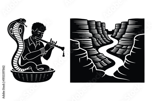 Snake charmer with cobra, Indian canyon landscape