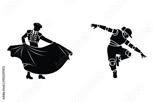 Matador with cape and dancer in action, bullfight