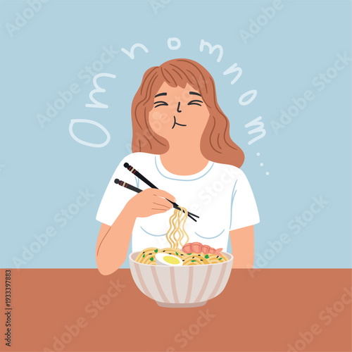 Happy woman with mouth full of food eating noodles for lunch