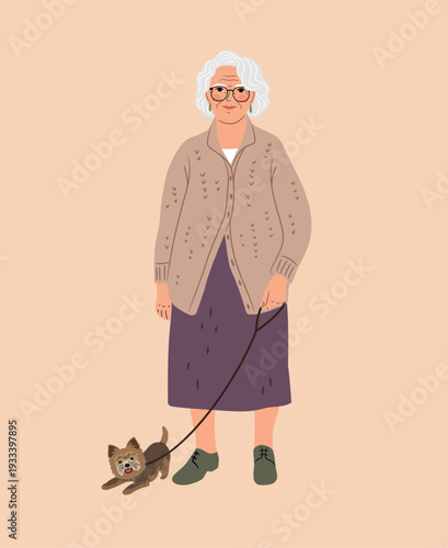 Kind granny with a little dog. Beauty of age. Full-length beautiful senior woman with gray hairstyle