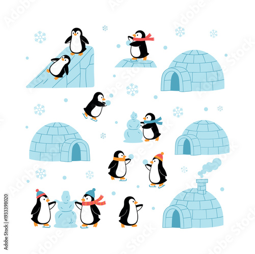 Adorable penguins enjoying winter activities, ice skating, making snowmen, sliding on ice, and playing near igloos