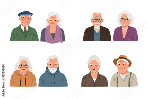 Set of different cute grandmothers and grandfathers. Concept vector illustration of the age beauty. Portraits of couples with gray hair seniors men and women