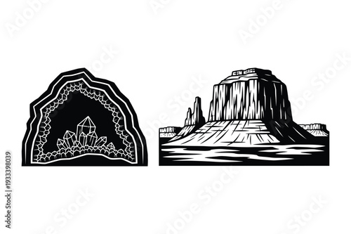 Geode crystals and desert mesa landscape illustration, black and white.