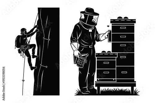 Adventurer climbing tree and beekeeper with hives illustration.