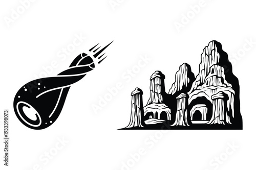 Comet and alien rock formation illustration, black and white vector.