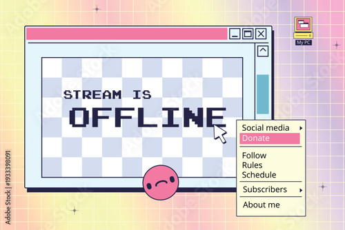 Stream bug. Game streaming offline overlay layot screen, streamer video twitch gamer broadcast retro computer system windows error y2k 90s cartoon background vector illustration
