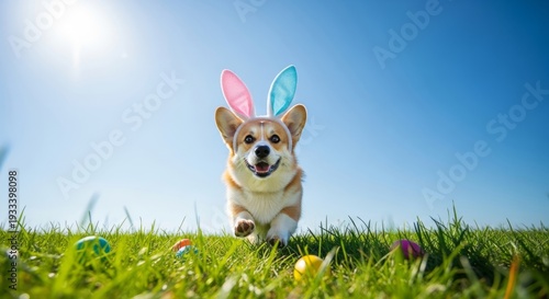 Welsh corgi dog wearing bunny ears headband running on green grass with Easter eggs under clear blue sky, pet friendly celebrating Easter holiday