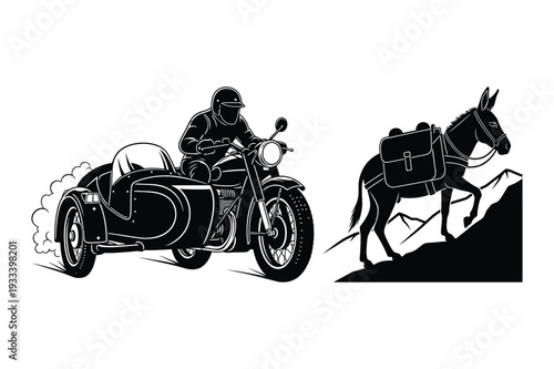 Motorcycle sidecar and donkey on mountain path
