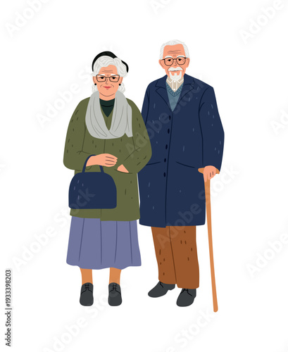 Couple of elderly woman and man in beautiful clothes. The beauty of senior age. Old people friendship. Grandmother and grandfather family