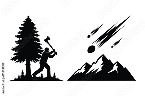 Lumberjack chopping tree near mountains and meteor shower