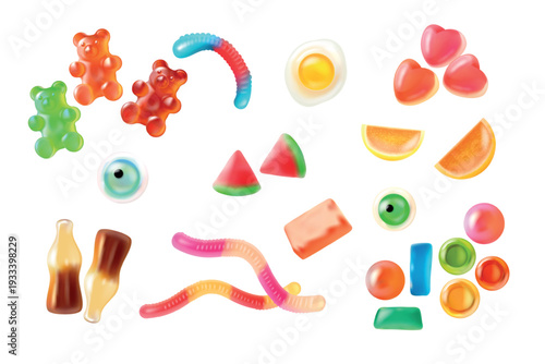 Realistic jelly candy. 3d gummy candies sweet bear fruit cola bottle, soft chewy marmalade worm sugar dessert lollipop bubble gum snack assorted shape, exact vector illustration
