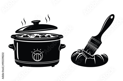 Slow cooker with food and paintbrush on pumpkin