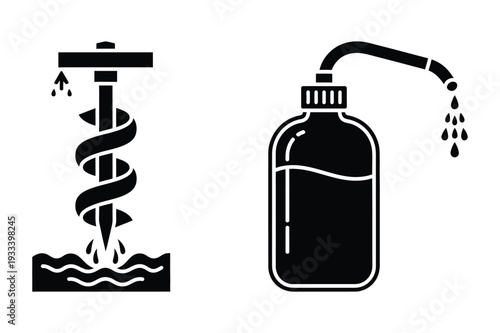 Drilling into water and pouring liquid from bottle, vector illustration
