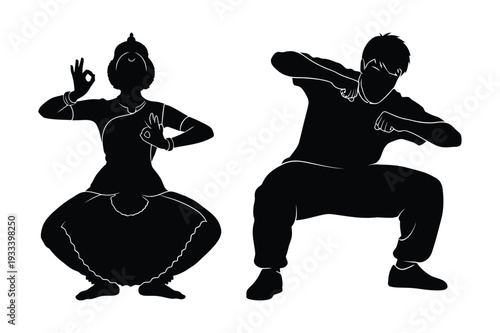 Dancers in traditional costume and athletic pose, silhouette illustration