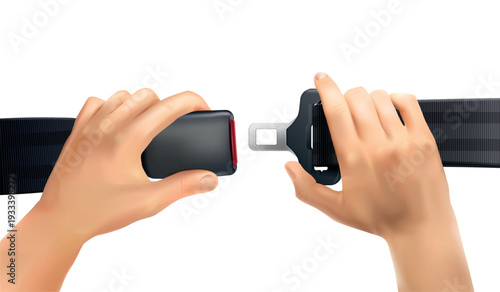 Hands seat belts. Realistic hand fastening seatbelt buckle, unlocking safety belt car airplane passenger road traffic security safe drive fasteners, 3d exact vector illustration