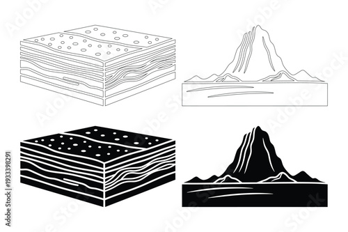 Geological layers and mountain peak, vector illustration
