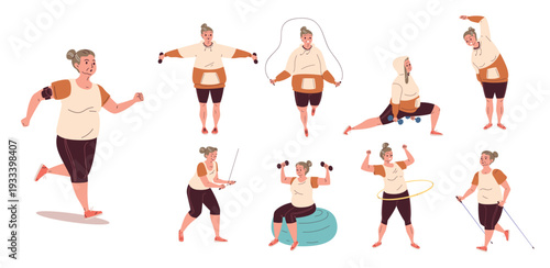 Elderly woman exercises. Senior women physical exercise, grandmother sport activity yoga stretching pilates gym wellness health care old age therapy set classy vector illustration