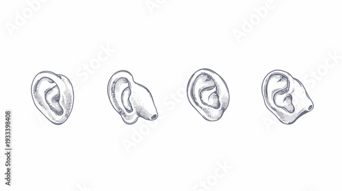 Artistic depiction of four stylized human ears, each rendered with unique perspective