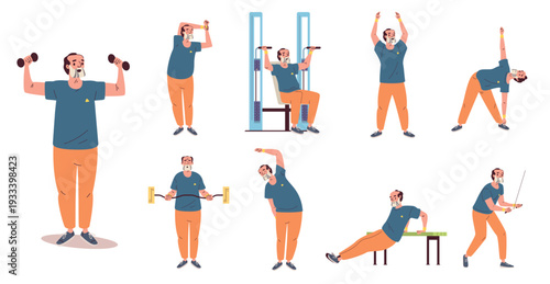 Elderly man exercises. Elder workout, senior physical exercise old age healthy lifestyle yoga stretching sport fit activity grandparent athlete character classy vector illustration