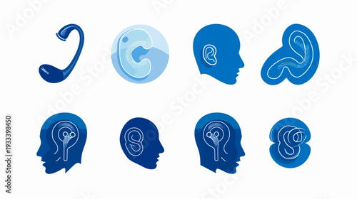 Stylized, blue illustrations depicting the anatomy of the ear, including inner and outer ear details