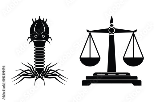 Virus Bacteriophage and Justice Scales Icon Silhouette