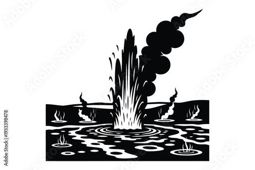 Geyser Erupting Water and Steam Black and White Illustration
