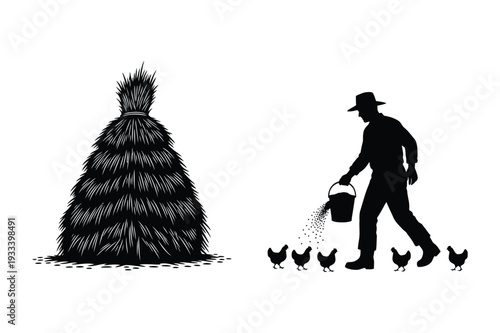 Farmer Feeding Chickens Beside Haystack Silhouette