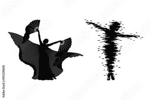 Dancer silhouette with flowing dress and fans, graphic element