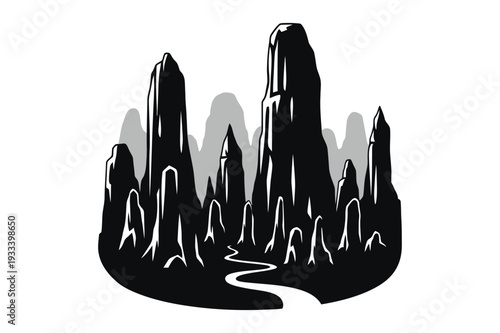 Stylized mountain landscape with river, black and white illustration