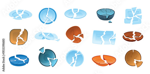 Broken dish. Shattered plate, damaged ceramic bowl kitchen tableware trash chipped dishes crockery crack break kitchenware waste plates set cartoon qualitative vector illustration