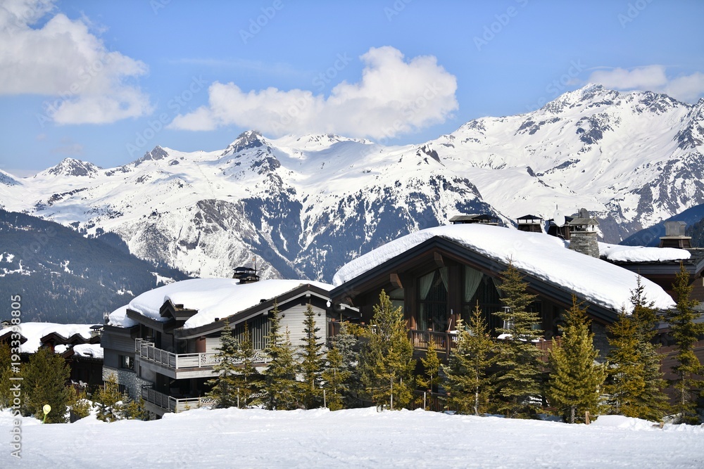 Fototapeta premium Chalets on the slopes of Courchevel ski resort by winter, French alps, France on 3rd March on 2026
