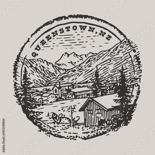 Vintage Queenstown New Zealand badge featuring the majestic mountains.