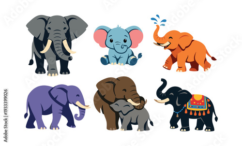 Elephants in various colorful styles representing different ages and activities, including a baby, parent and child, and a richly decorated animal