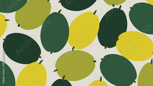 Vibrant green and yellow mangoes on cream background