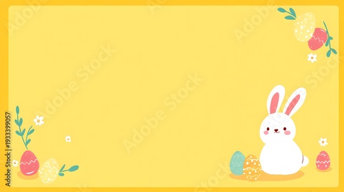 Easter Bunny Illustration with Colorful Eggs and Spring Flowers on Vibrant Yellow Background. Whimsical Holiday Greeting Concept.