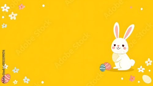 Easter Bunny Illustration with Colorful Eggs and Spring Flowers on Vibrant Yellow Background. Whimsical Holiday Greeting Concept.