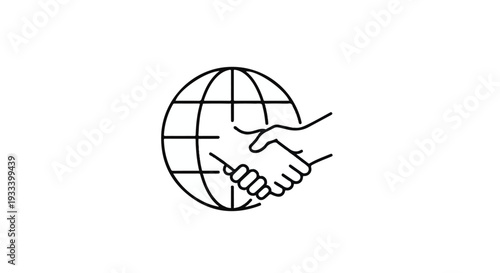 Global partnership handshake agreement business concept with handshake and globe icon in minimalist line art style for international cooperation and teamwork