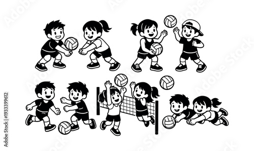 Children playing volleyball in different dynamic actions: passing, setting, spiking, and diving in a black and white cartoon style