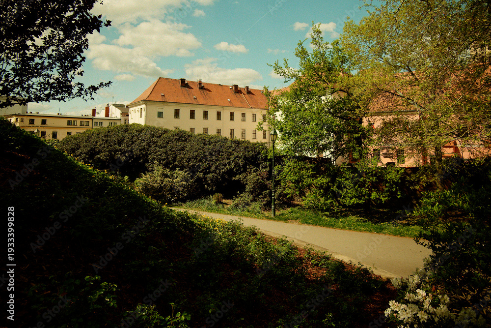 Obraz premium Couple Leisurely Explores Curving Pathway Surrounded By Carefully Trimmed Shrubs And Dappled Sunlight
