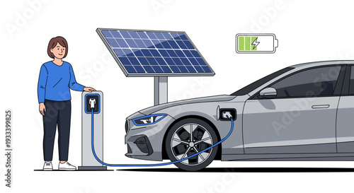 A woman charges a grey electric car under a solar panel canopy, illustrating sustainable mobility solutions and the integration of renewable energy infrastructure for vehicles.