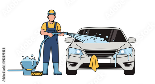 A man wearing blue overalls and a cap is meticulously washing a white car with a hose, bucket, and sponge, demonstrating diligent auto care and maintenance.