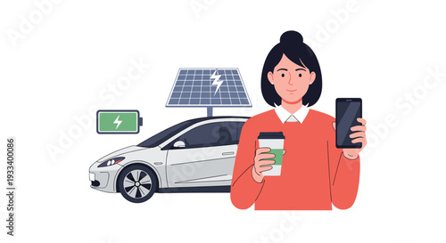 A smiling woman happily sips from a cup, near a steaming coffee, an empty table, chair, and a traditional teapot.