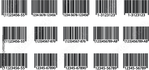 Collection of realistic black barcode icons with numerical sequences for retail product scanning and inventory management systems.