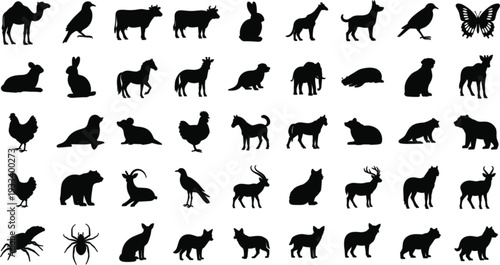 Large collection of black animal silhouettes featuring wild and domestic species like elephants, horses, birds, and bears for nature designs.
