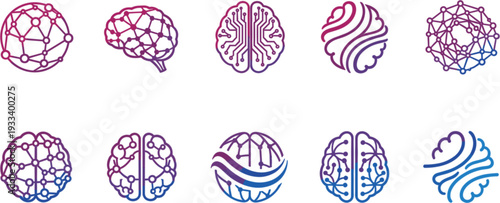Artificial intelligence brain icon set with neural network digital nodes and circuit board symbols for technology and machine learning.