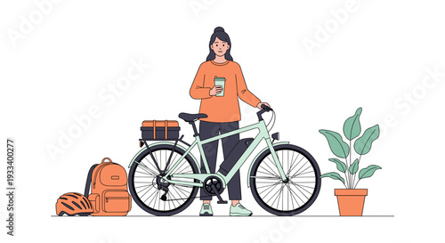 A happy woman smiles brightly, surrounded by positive symbols like a heart, a flower, and a comforting warm drink.