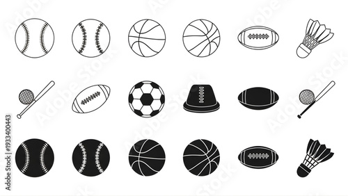 Collection of various sports balls and equipment illustrations