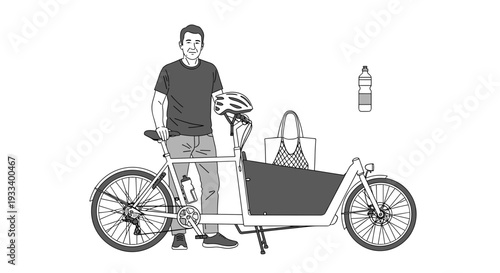 A smiling man in a t-shirt stands proudly beside his cargo bicycle, ready for urban deliveries or family outings, with a water bottle icon nearby.