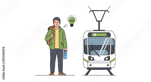 A young man with a backpack and water bottle stands next to a modern tram, symbolizing sustainable urban travel and eco-friendly solutions for the future.