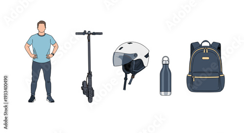 A man stands confidently beside his electric scooter, equipped with a helmet, water bottle, and backpack, symbolizing modern urban mobility, personal safety, and sustainable commuting essentials.